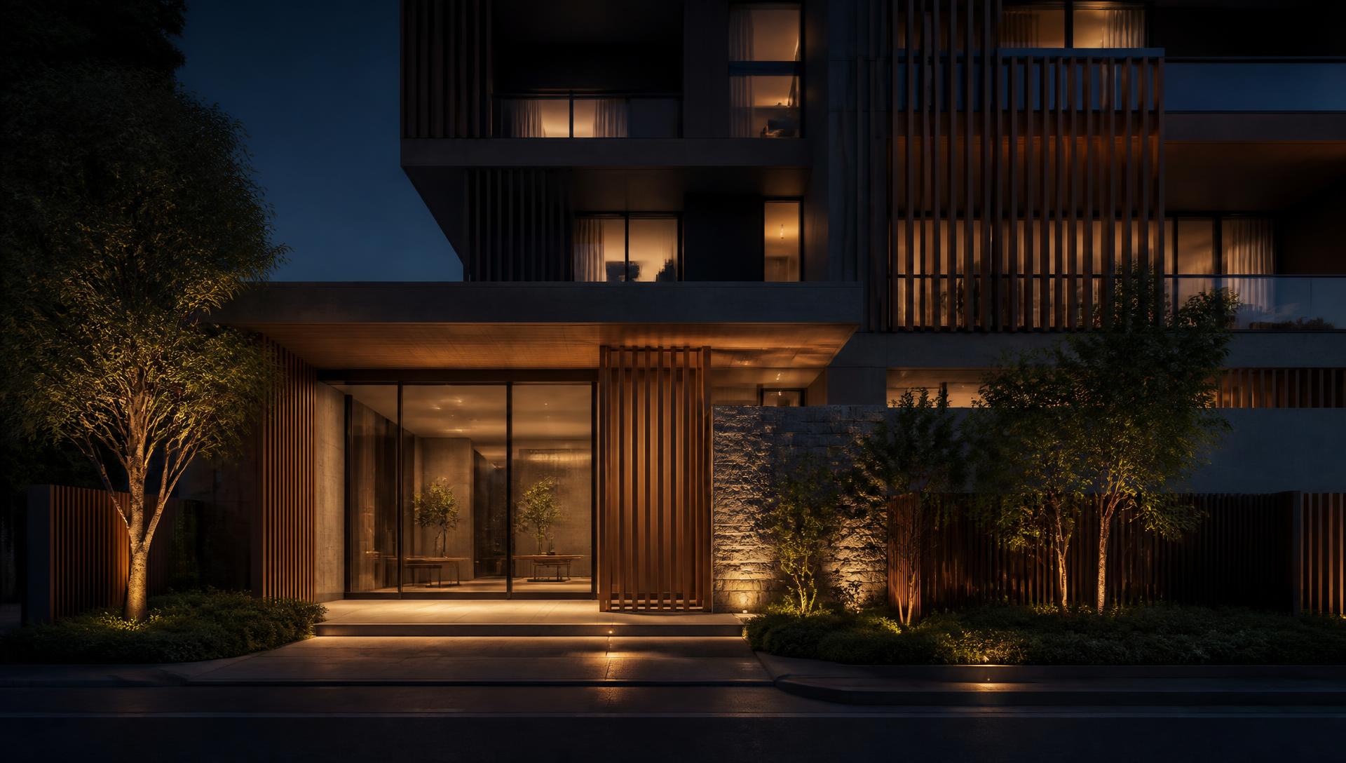 Fachada de empreendimento residencial contemporâneo iluminada à noite — imagem conceitual