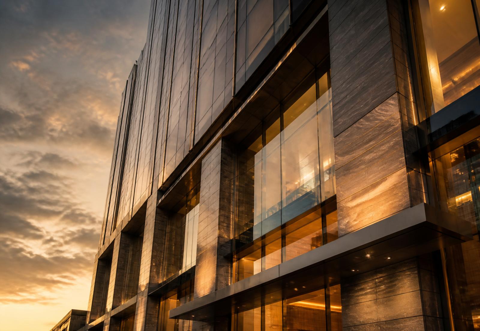 Fachada de torre contemporânea em vidro e pedra ao pôr do sol — imagem conceitual