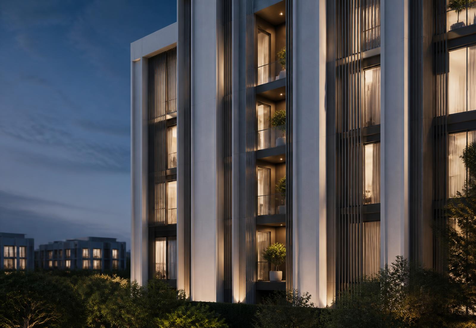 Imagem conceitual de fachada residencial vertical com brises finos e luz quente ao anoitecer